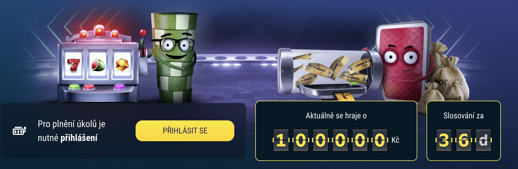 Výhra 1 000 000 Kč v Radioservis Hry – přihlaste se a získejte šanci na losování Radioservis Hry loterie: výherní automat, žeton a karta s losy a pytli peněz, aktuální výhra 1 000 000 Kč